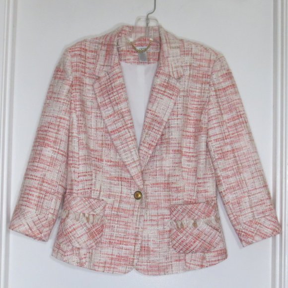 Cach'e Jacket Cream Coral Woven Textured Classic Lines Sculpted Blazer Size 8 - Picture 1 of 11